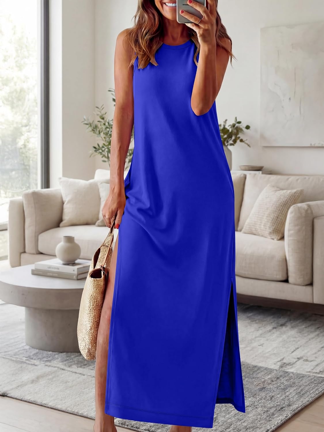 image:imageANRABESS Womens Wrinkle Free Summer Sundress Sleeveless Maxi Dress ampPocketsRoyal Blue