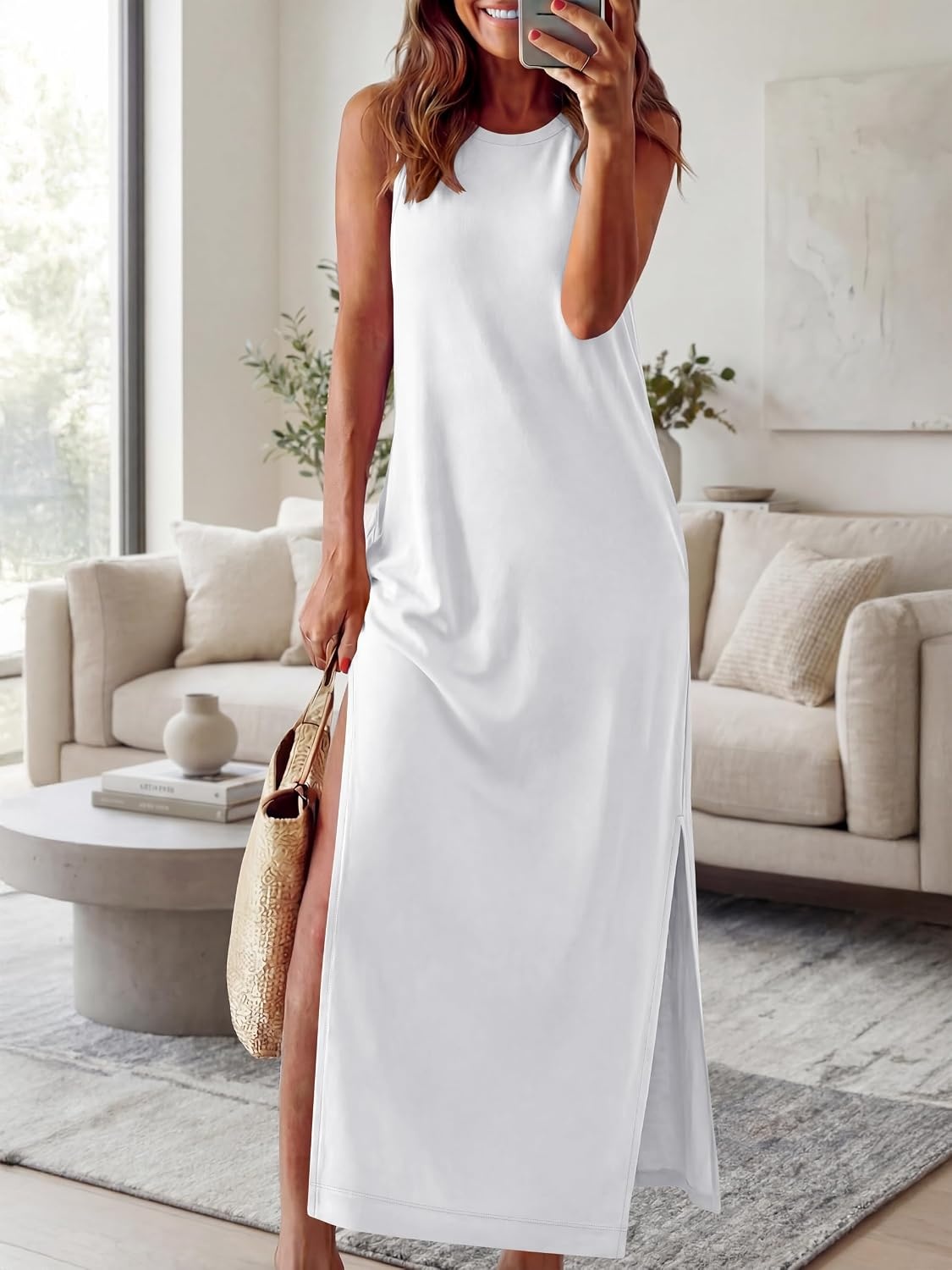 image:imageANRABESS Womens Wrinkle Free Summer Sundress Sleeveless Maxi Dress ampPocketsWhite
