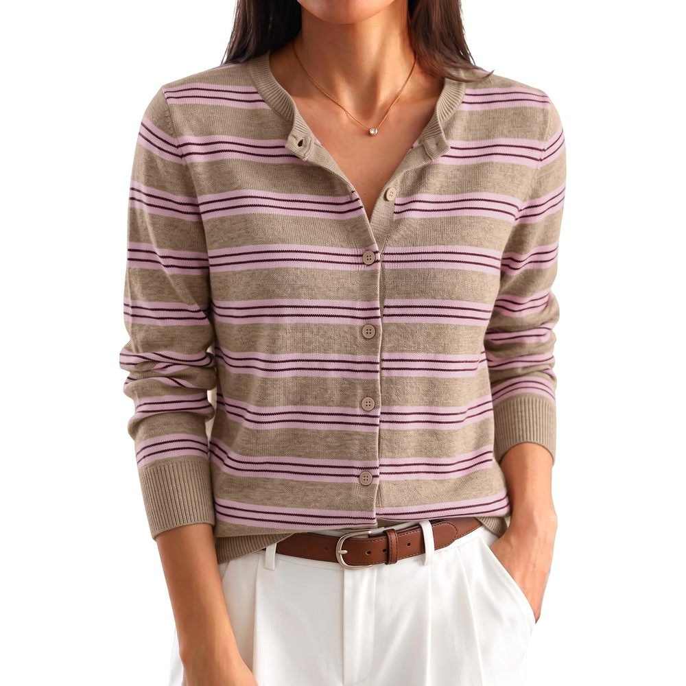 image:imageANRABESS Cardigan Sweaters for Women Lightweight Fall OutfitsApricot Beige Pink Stripe
