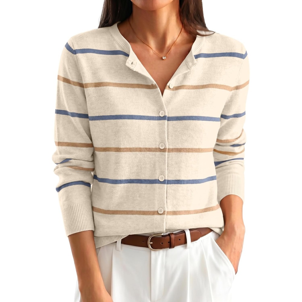 image:imageANRABESS Cardigan Sweaters for Women Lightweight Fall OutfitsBeige Blue Latte Stripe