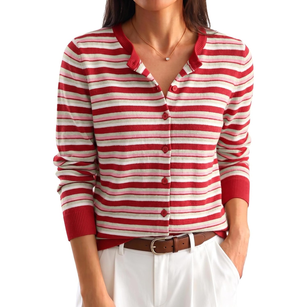 image:imageANRABESS Cardigan Sweaters for Women Lightweight Fall OutfitsRed Beige Pink Stripe