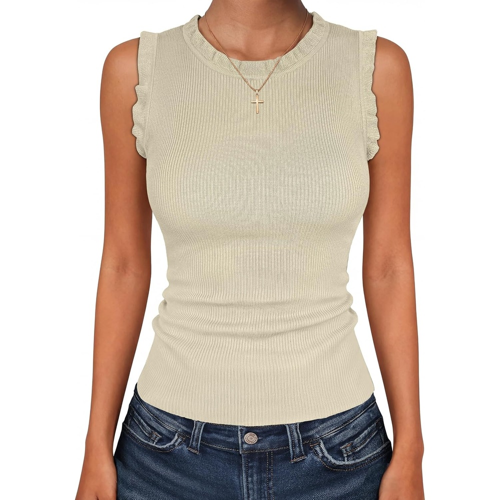 image:imageANRABESS Ribbed Tank Tops for Women Ruffle StyleBeige
