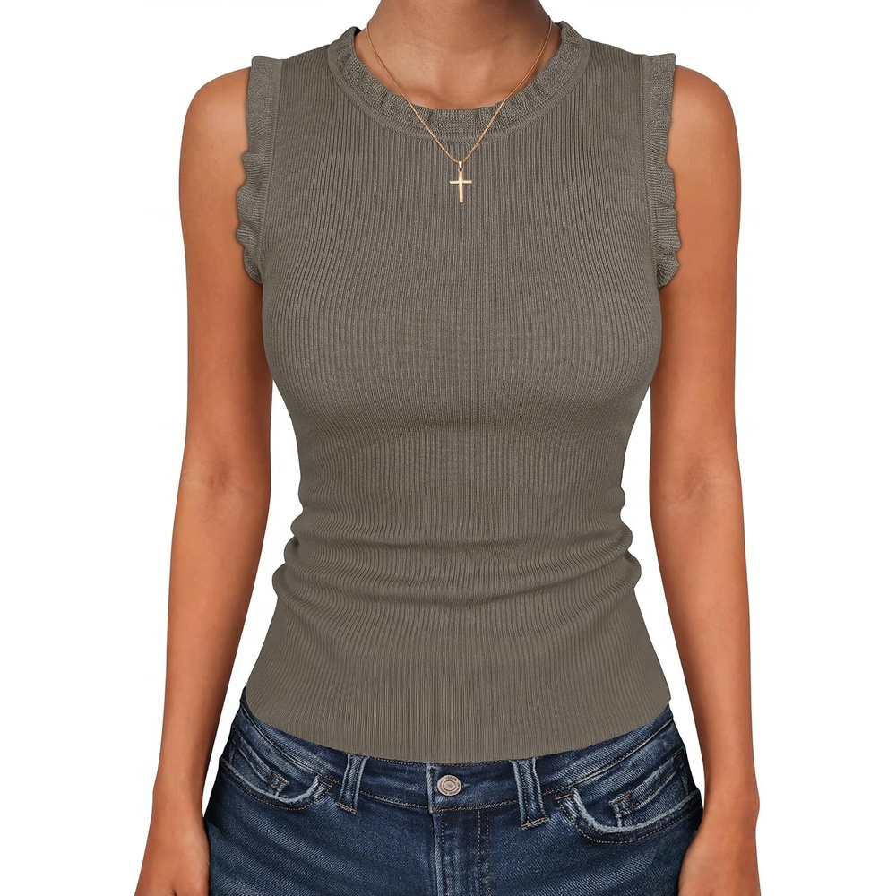 image:imageANRABESS Ribbed Tank Tops for Women Ruffle StyleCamel