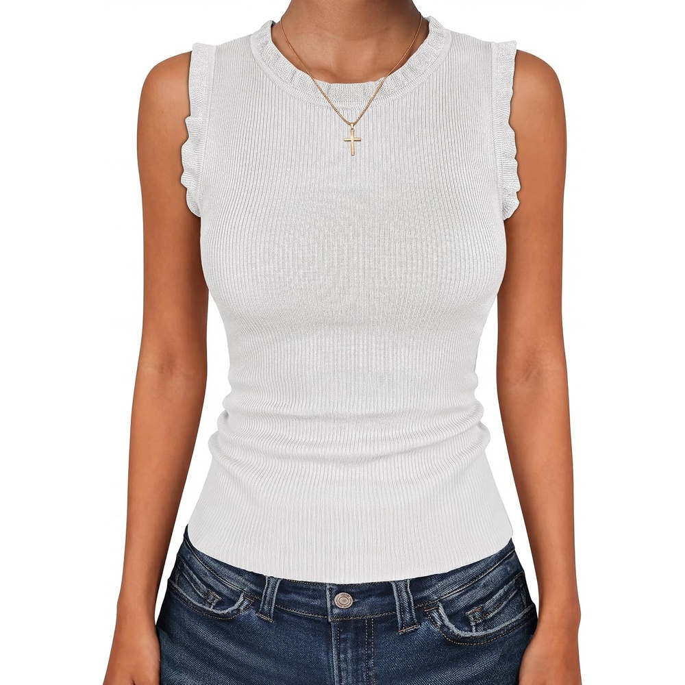 image:imageANRABESS Ribbed Tank Tops for Women Ruffle StyleCream White