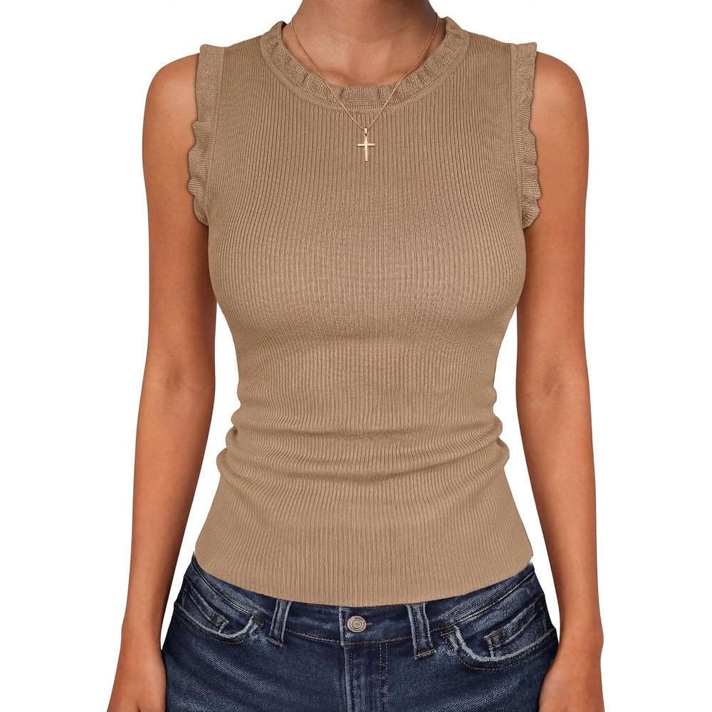 image:imageANRABESS Ribbed Tank Tops for Women Ruffle StyleKhaki