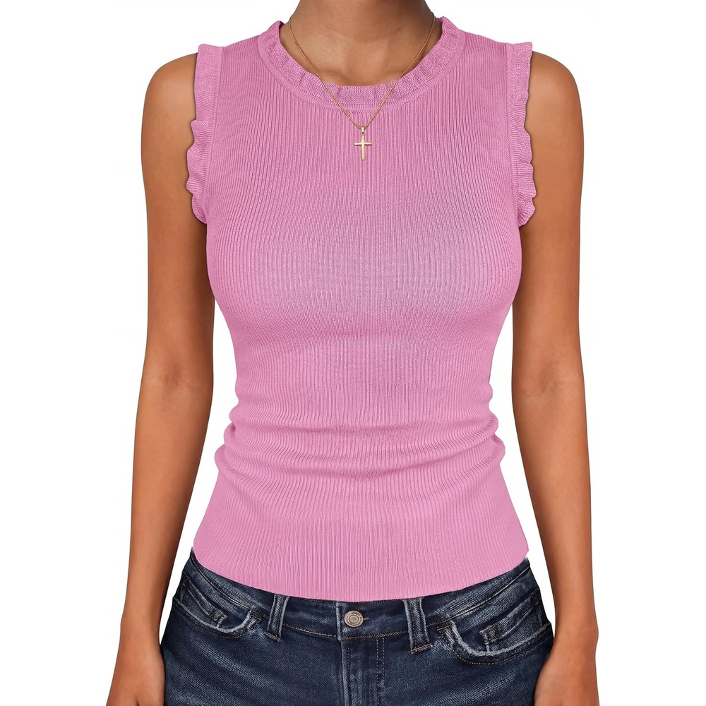 image:imageANRABESS Ribbed Tank Tops for Women Ruffle StylePink