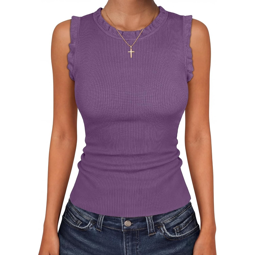 image:imageANRABESS Ribbed Tank Tops for Women Ruffle StyleViolet
