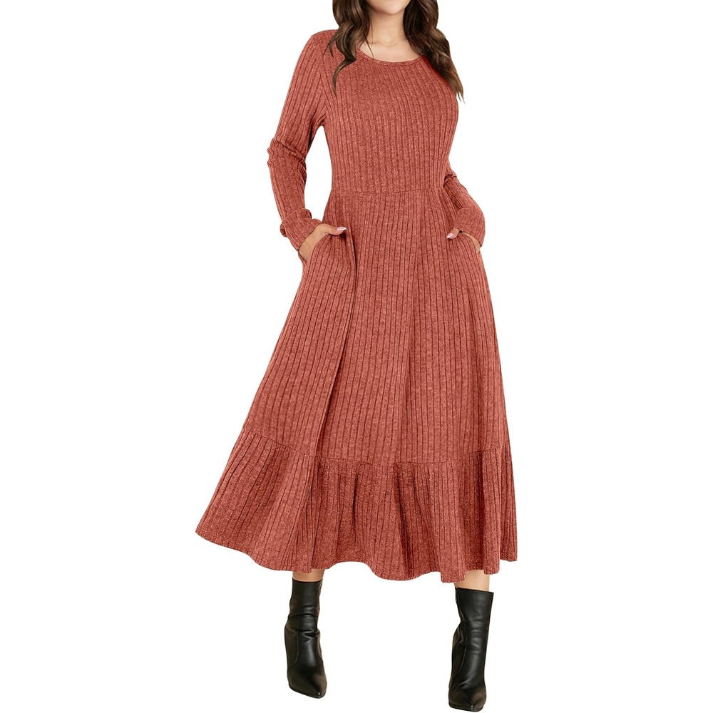 image:imageANRABESS Womens Fall Long Sleeve Midi DressBurnt Orange