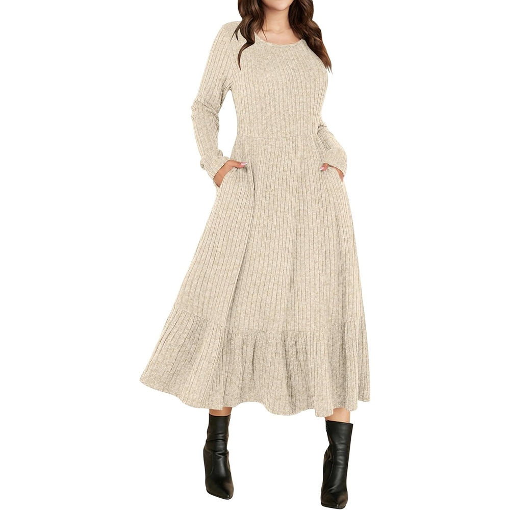 image:imageANRABESS Womens Fall Long Sleeve Midi DressLight Khaki
