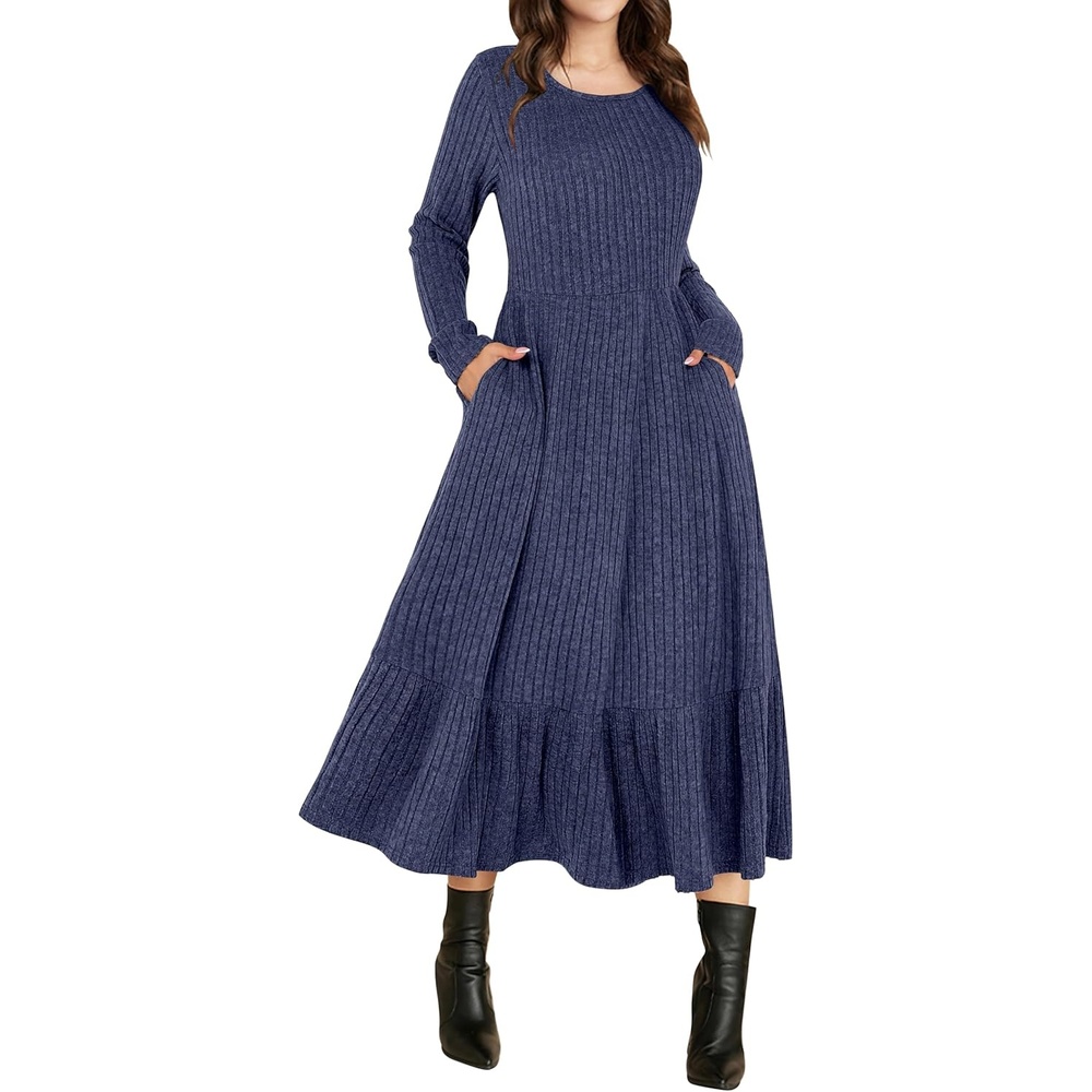 image:imageANRABESS Womens Fall Long Sleeve Midi DressNavy Blue