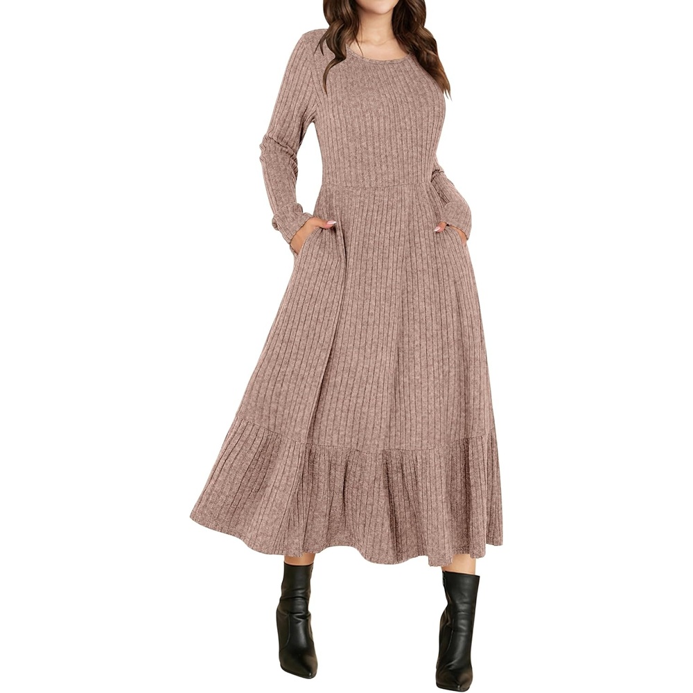 image:imageANRABESS Womens Fall Long Sleeve Midi DressTan