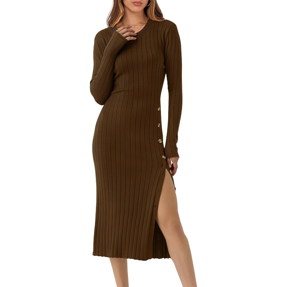 image:imageANRABESS Womens Fall Long Sleeve Ribbed Knit Bodycon Midi Sweater DressBrown