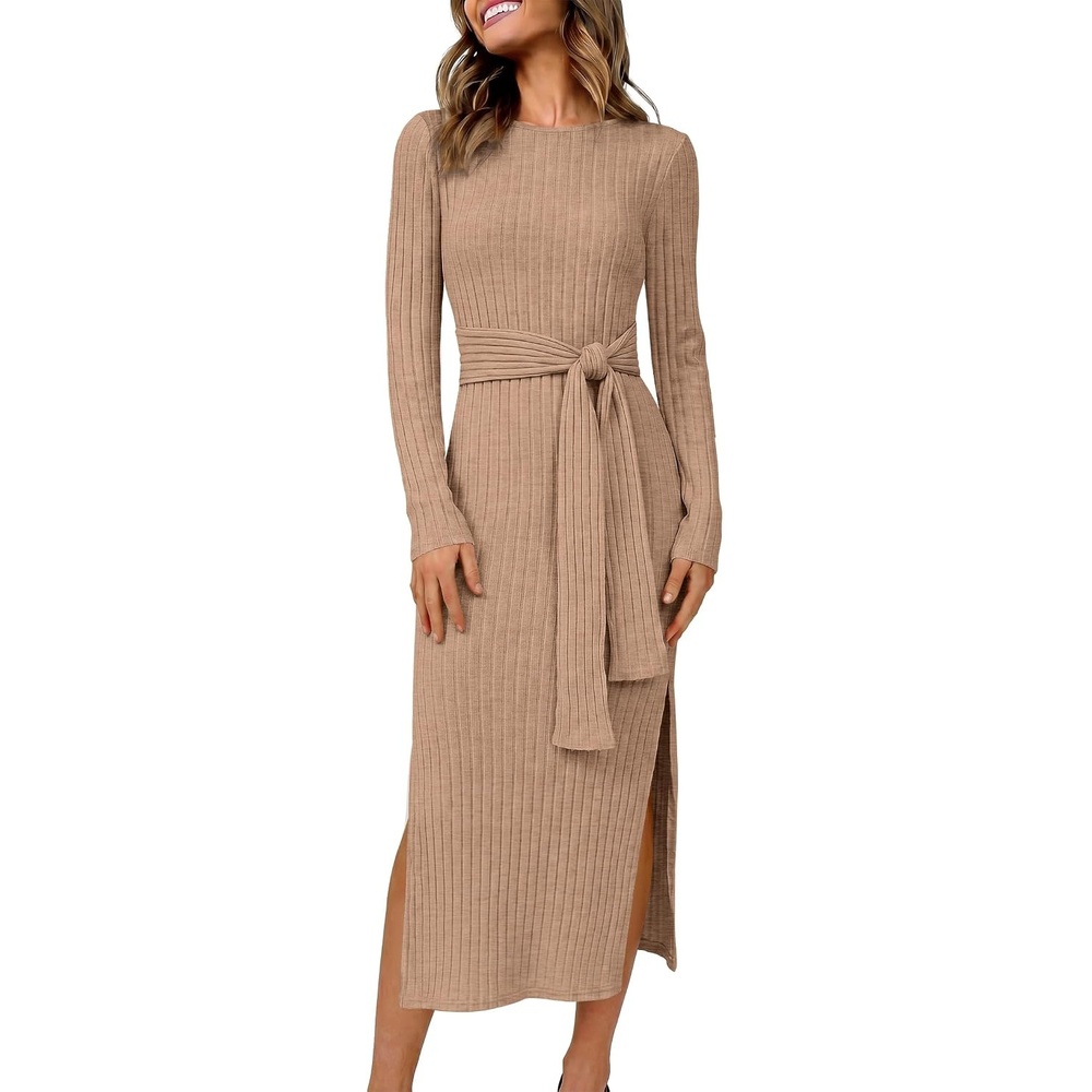 image:imageANRABESS Womens Long Sleeve Midi Sweater Dress Bodycon Fall DressesTan