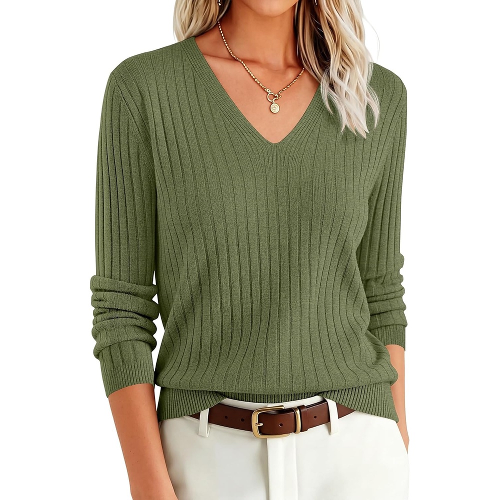 image:imageANRABESS Womens Long Sleeve V Neck Ribbed Sweaters ShirtsArmy Green