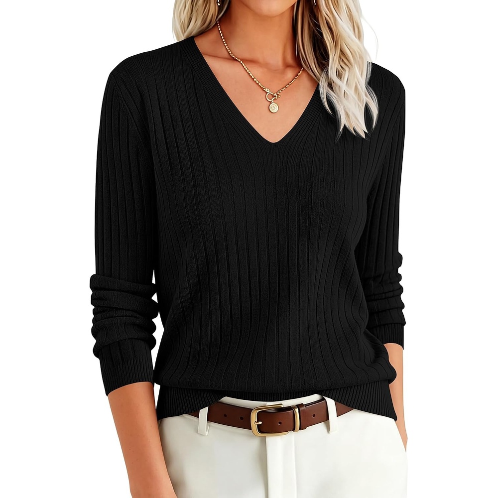 image:imageANRABESS Womens Long Sleeve V Neck Ribbed Sweaters ShirtsBlack