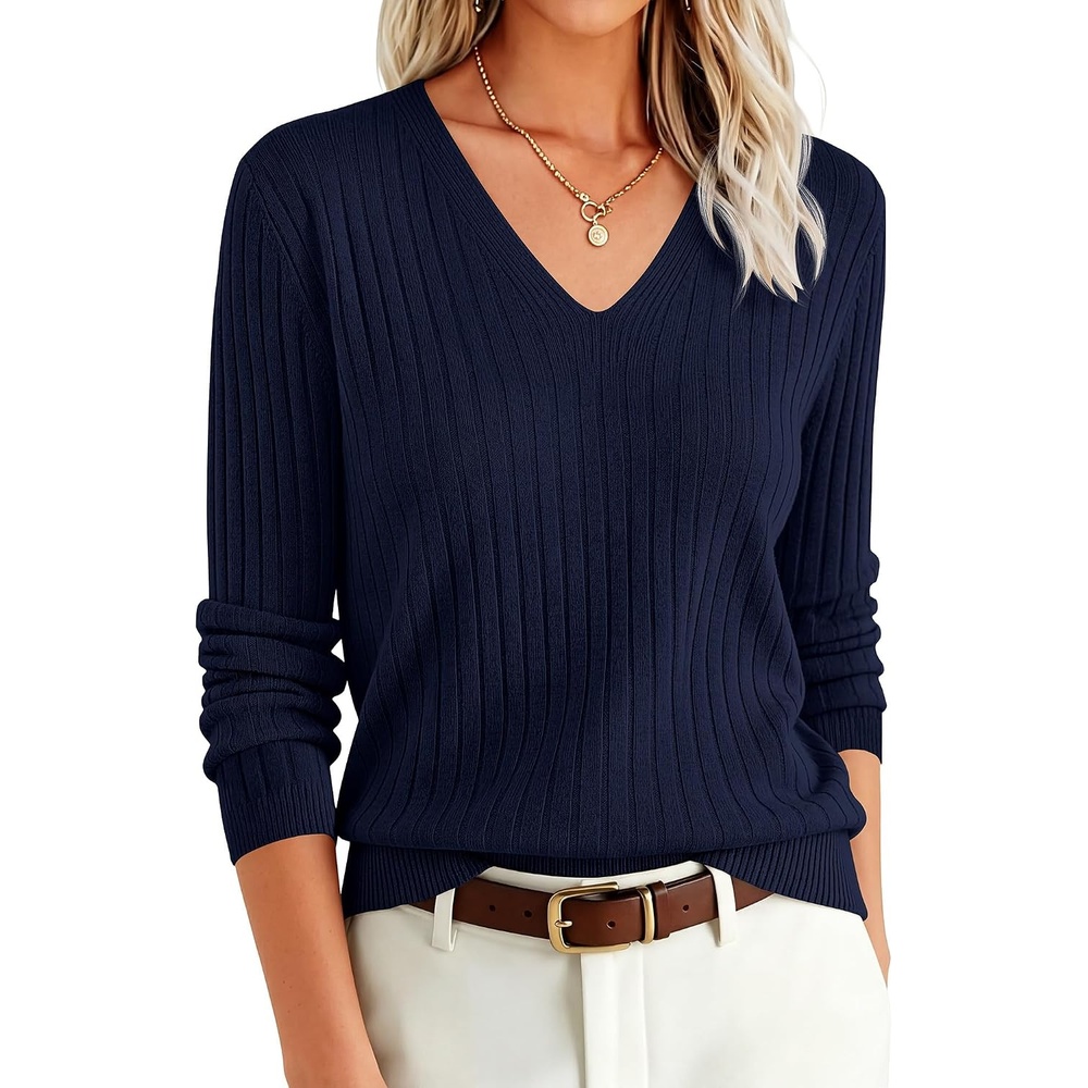 image:imageANRABESS Womens Long Sleeve V Neck Ribbed Sweaters ShirtsNavy Blue