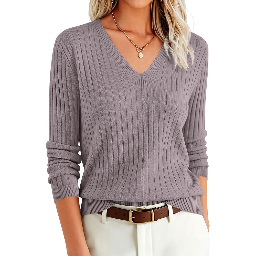 image:imageANRABESS Womens Long Sleeve V Neck Ribbed Sweaters ShirtsNutmeg