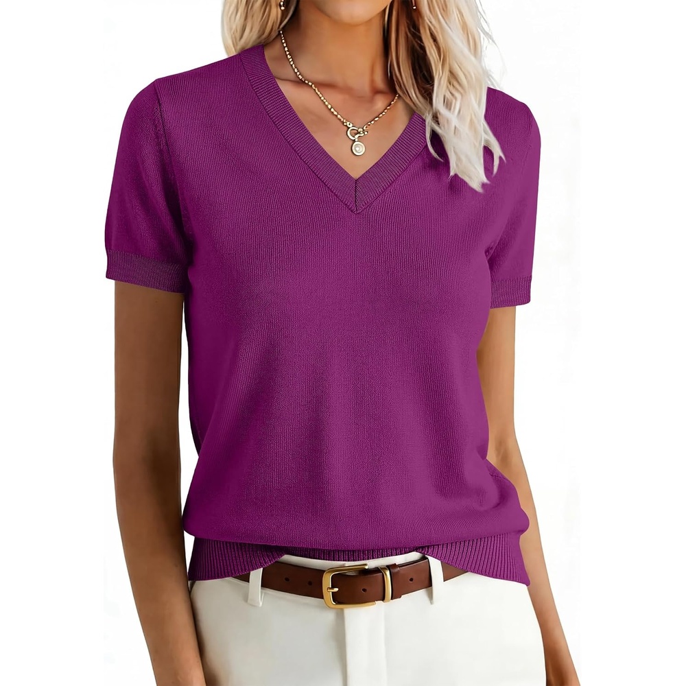 image:imageANRABESS Womens Short Sleeve Sweater Top Wool Blend Business Casual OutfitsDeep Hot Pink