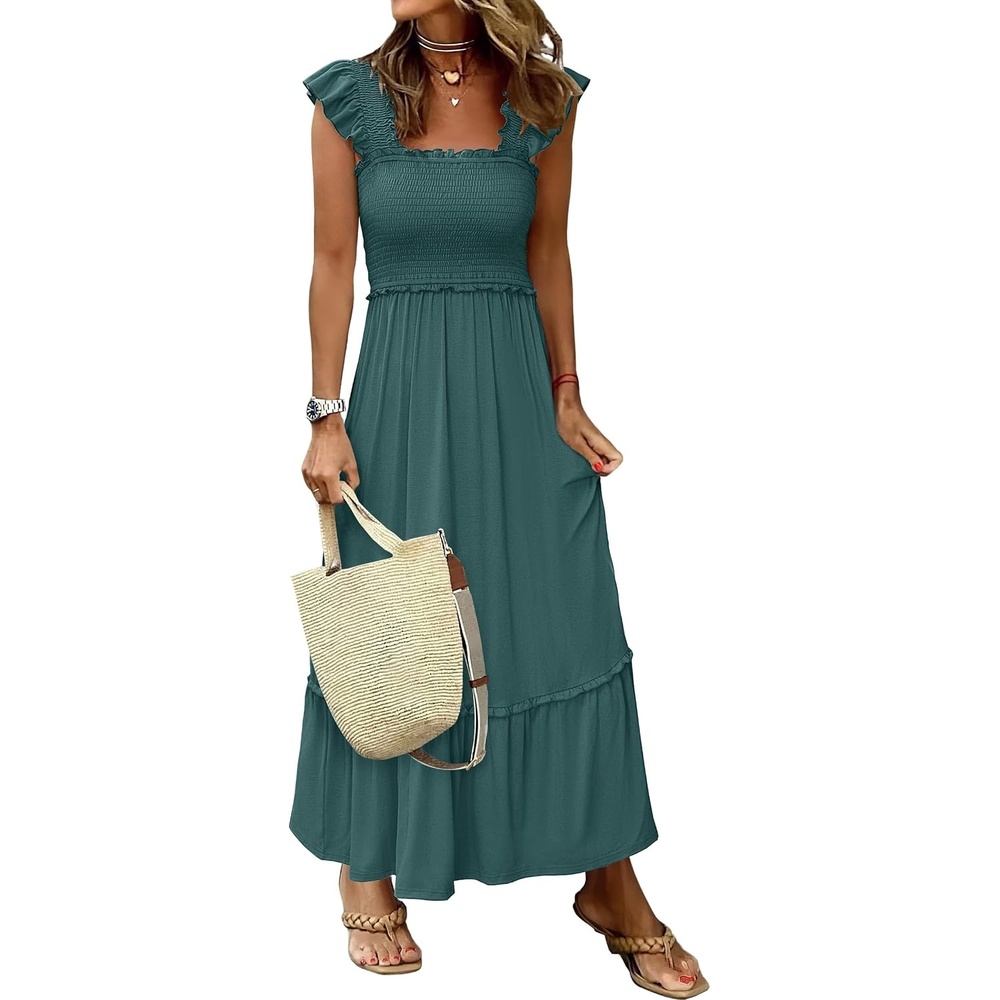 image:imageANRABESS Womens Summer Sleeveless Maxi Dress Square Neck Smocked Boho Casual Ruffle Strap Flowy ALine Long Beach SundressGreen