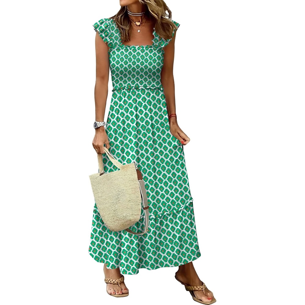 image:imageANRABESS Womens Summer Sleeveless Maxi Dress Square Neck Smocked Boho Casual Ruffle Strap Flowy ALine Long Beach SundressGreen Floral