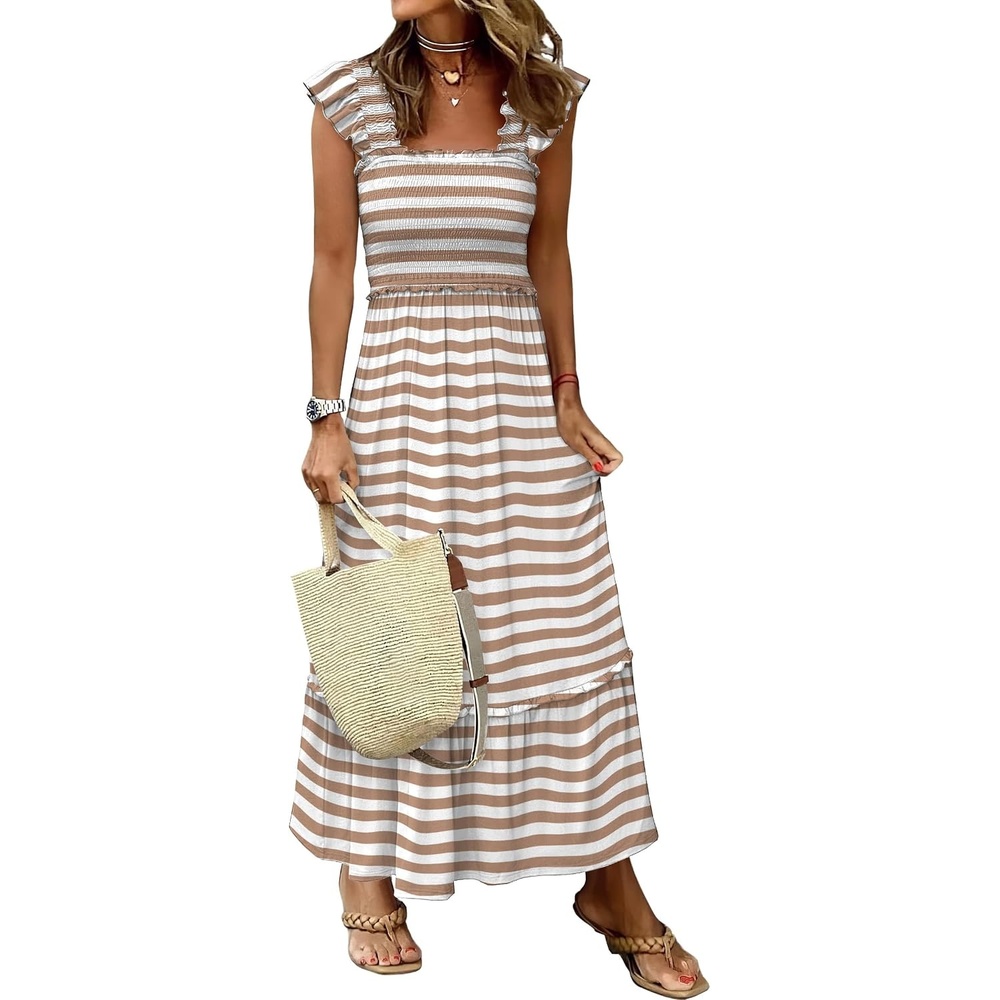 image:imageANRABESS Womens Summer Sleeveless Maxi Dress Square Neck Smocked Boho Casual Ruffle Strap Flowy ALine Long Beach SundressKhaki White Stripes