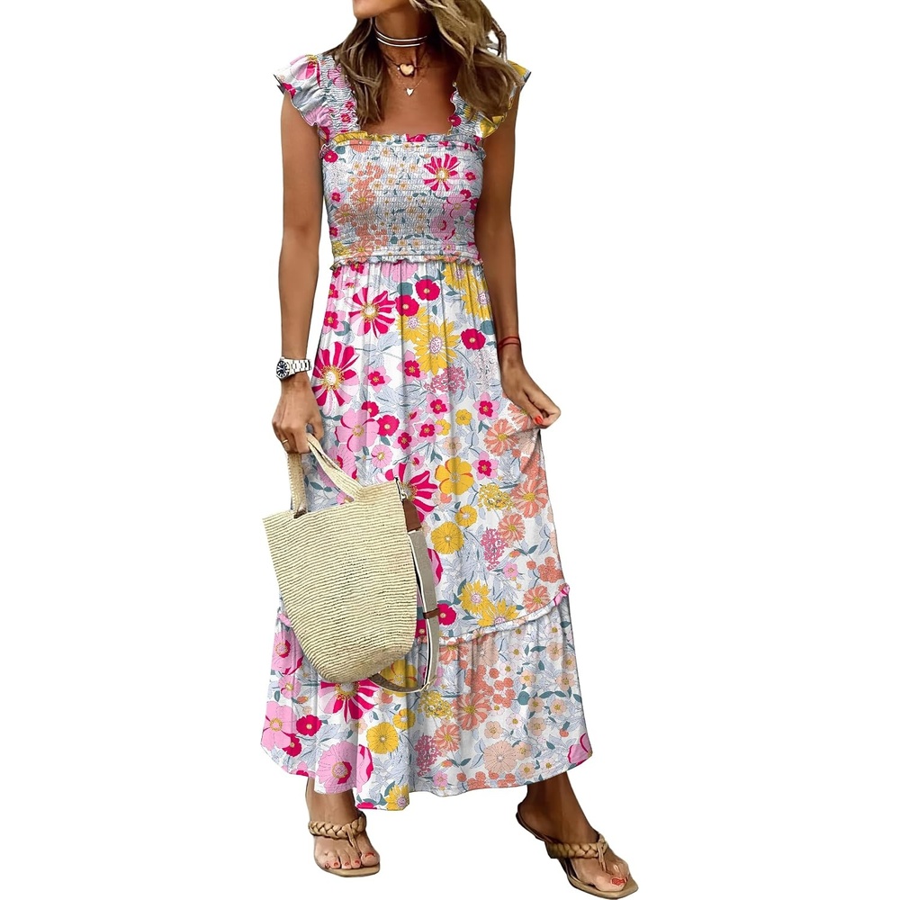 image:imageANRABESS Womens Summer Sleeveless Maxi Dress Square Neck Smocked Boho Casual Ruffle Strap Flowy ALine Long Beach SundressMulticolour Floral