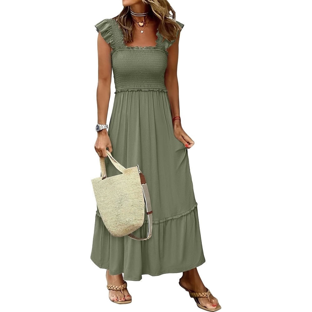 image:imageANRABESS Womens Summer Sleeveless Maxi Dress Square Neck Smocked Boho Casual Ruffle Strap Flowy ALine Long Beach SundressOlive