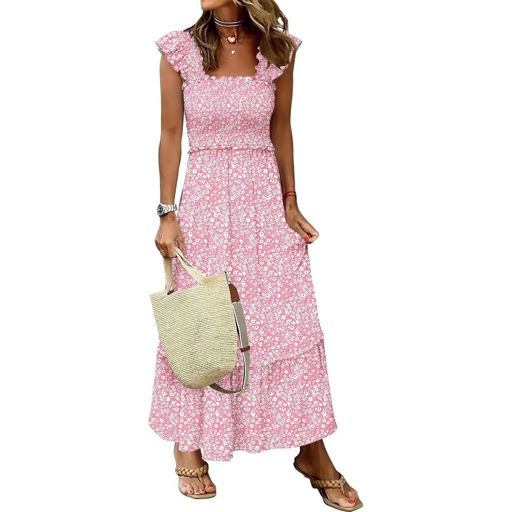 image:imageANRABESS Womens Summer Sleeveless Maxi Dress Square Neck Smocked Boho Casual Ruffle Strap Flowy ALine Long Beach SundressPrint Floral Pink