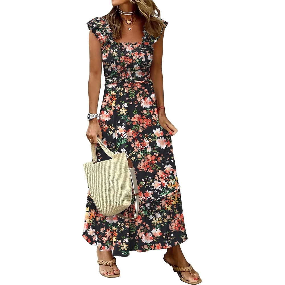 image:imageANRABESS Womens Summer Sleeveless Maxi Dress Square Neck Smocked Boho Casual Ruffle Strap Flowy ALine Long Beach SundressPrint Orange Floral