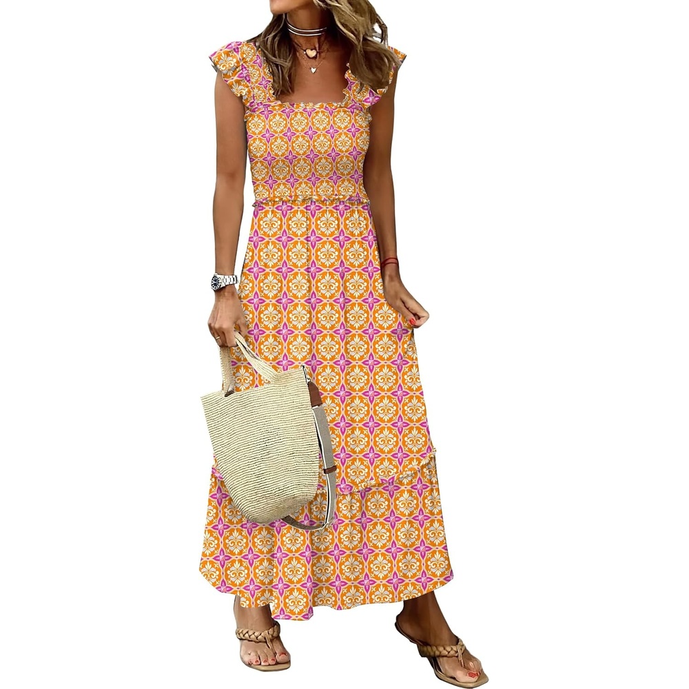 image:imageANRABESS Womens Summer Sleeveless Maxi Dress Square Neck Smocked Boho Casual Ruffle Strap Flowy ALine Long Beach SundressPrint Yellow Purple