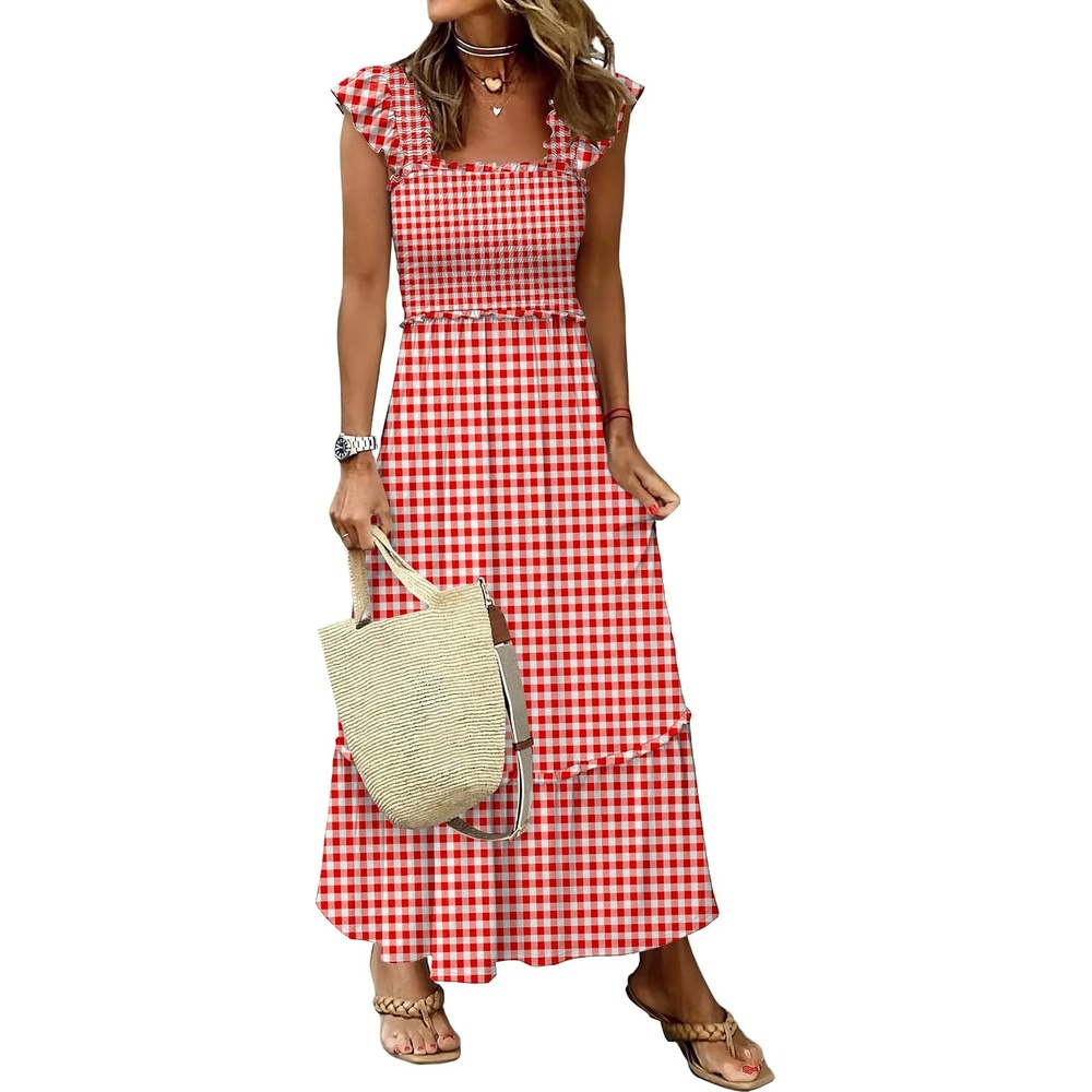 image:imageANRABESS Womens Summer Sleeveless Maxi Dress Square Neck Smocked Boho Casual Ruffle Strap Flowy ALine Long Beach SundressRed Plaid