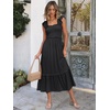 ANRABESS Womens Summer Sleeveless Maxi Dress Square Neck Smocked Boho Casual Ruffle Strap Flowy A-Line Long Beach Sundress(Black)