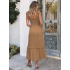 ANRABESS Womens Summer Sleeveless Maxi Dress Square Neck Smocked Boho Casual Ruffle Strap Flowy A-Line Long Beach Sundress(Khaki Plaid)