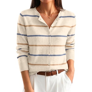 ANRABESS Cardigan Sweaters for Women Lightweight Fall Outfits(Beige Blue Latte Stripe)