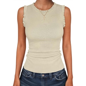 ANRABESS Ribbed Tank Tops for Women Ruffle Style(Beige)