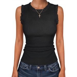 ANRABESS Ribbed Tank Tops for Women Ruffle Style(Black)