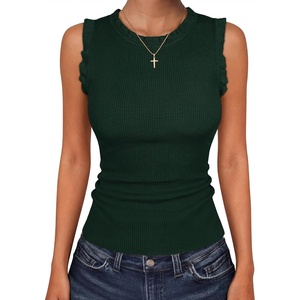 ANRABESS Ribbed Tank Tops for Women Ruffle Style(Deep Green)