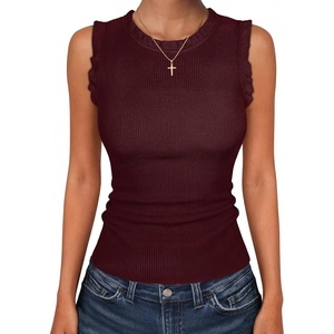 ANRABESS Ribbed Tank Tops for Women Ruffle Style(Deep Red)