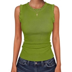 ANRABESS Ribbed Tank Tops for Women Ruffle Style(Grass)