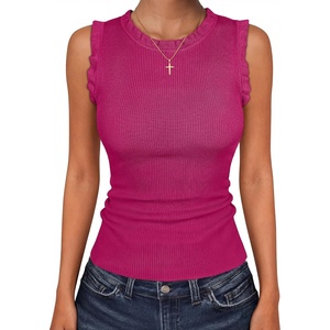ANRABESS Ribbed Tank Tops for Women Ruffle Style(Hot Pink)