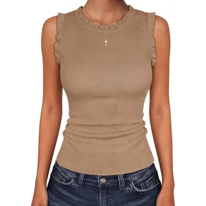 ANRABESS Ribbed Tank Tops for Women Ruffle Style(Khaki)
