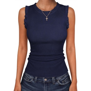 ANRABESS Ribbed Tank Tops for Women Ruffle Style(Navy Blue)
