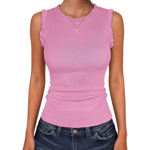 ANRABESS Ribbed Tank Tops for Women Ruffle Style(Pink)
