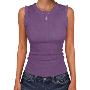 ANRABESS Ribbed Tank Tops for Women Ruffle Style(Violet)
