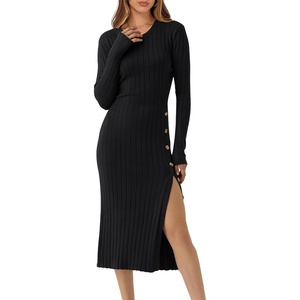 ANRABESS Womens Fall Long Sleeve Ribbed Knit Bodycon Midi Sweater Dress(Black)