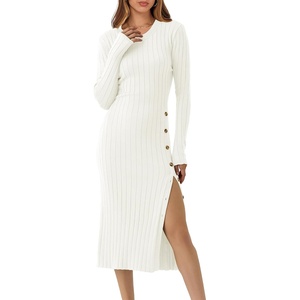 ANRABESS Womens Fall Long Sleeve Ribbed Knit Bodycon Midi Sweater Dress(White)