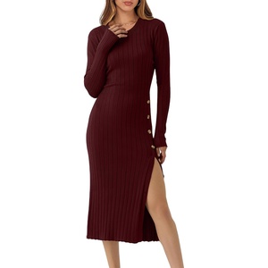 ANRABESS Womens Fall Long Sleeve Ribbed Knit Bodycon Midi Sweater Dress(Wine Red)