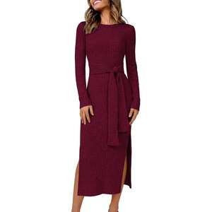 ANRABESS Womens Long Sleeve Midi Sweater Dress Bodycon Fall Dresses(Burgundy)
