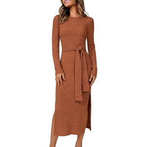 ANRABESS Womens Long Sleeve Midi Sweater Dress Bodycon Fall Dresses(Burnt Orange)