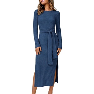 ANRABESS Womens Long Sleeve Midi Sweater Dress Bodycon Fall Dresses(Dark Blue)